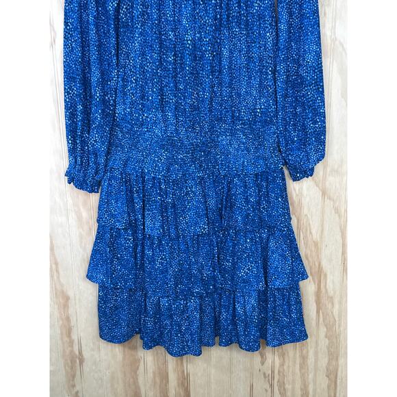 NWT Michael Kors On Off Shoulder Ruffle Dress Mosaic Blue M Cottagecore Tiered - Picture 4 of 8